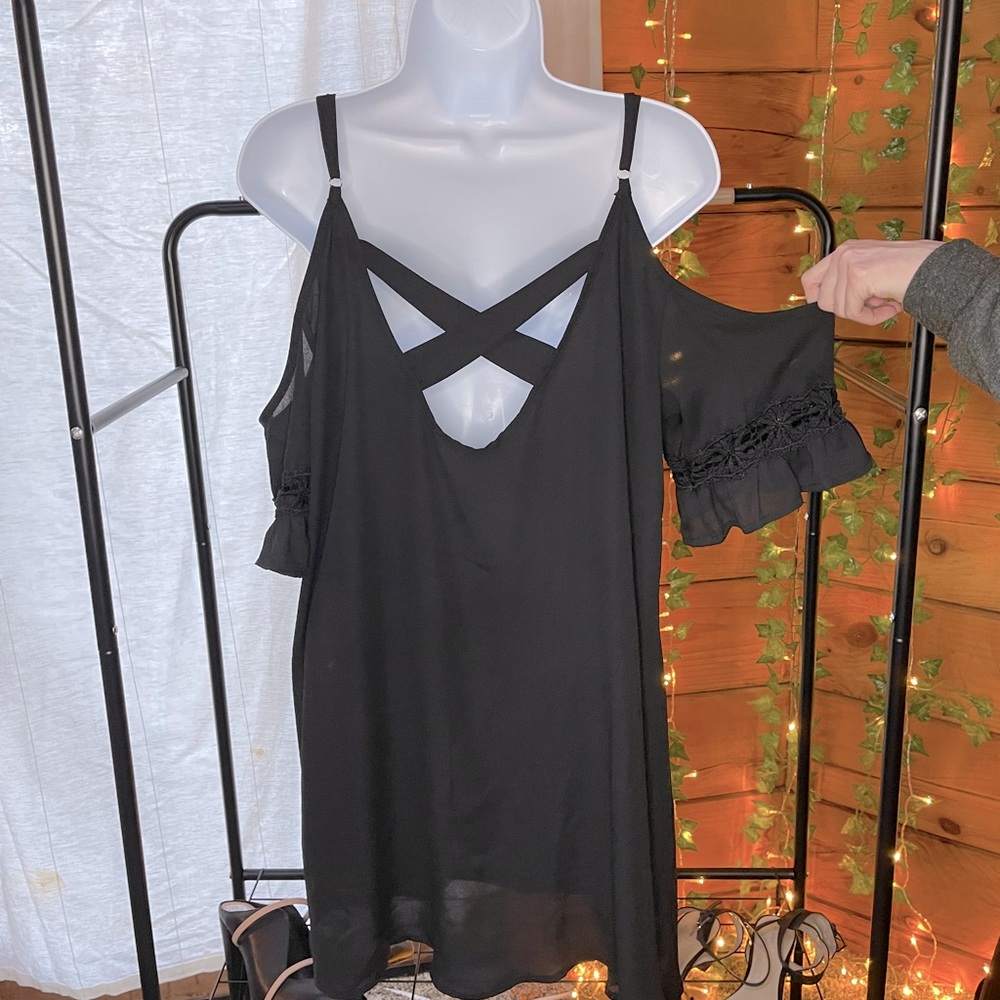 Black Cold Shoulder Lace Dress w/Criss Cross Back